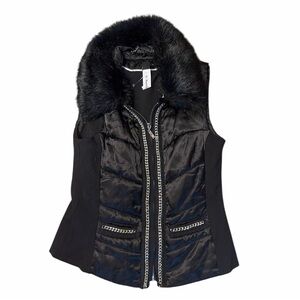 White House Black Market Black Satin Puffer Vest w/ Faux Fur Collar | XS